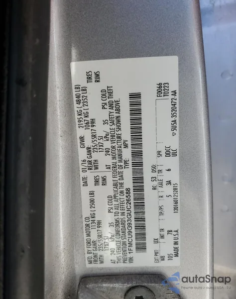 2016 Ford Escape Se from USA, damaged, VIN 1FMCU9G93GUC26588
